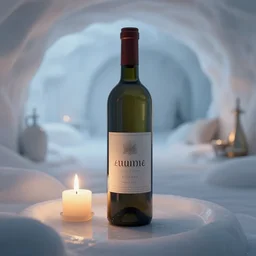 wine bottle in candle - lit cool luxury igloo, highly detailed, concept art, realistic, octane render, unreal engine, up close shot