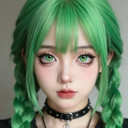 close up of goth kawaii girl with green dreads, anime, detailed anime, hyper realistic anime, realistic anime, manga anime, chibi anime, detailed, highly detailed, hd, 4 k, sharp, clear, high res, high quality, cinematic, 2 point studio lighting,