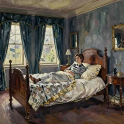 painting of ema stone on a victorian bed in a big old room, wide shot by lucian freud