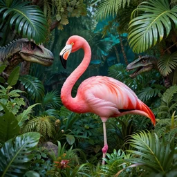 a pink flamingo hiding in a complex lush jurassic landscape, hyper realistic art, 4 k, hyper realistic, coherent design, symmetrical, vivid colour, trending on art station, in the style of pi - slices, complementary colour, golden ratio, detailed, sharp lines, intricate, rainbow shift, in unreal 3 d engine, ray tracing, octane render