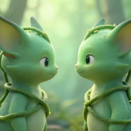 closeup, two identical magical creatures face against we each other, wrapped by liana, lianas wrap them, in a gentle green dawn light, eyvind earle, studio ghibli painting, cinematic lighting, volumetric lighting, smooth, sharp focus, highly detailed, render in unreal engine 5, artstation, deviantart, behance, trending, epic composition, octane, light rays, award - winning