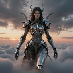 biblical hell beautiful female mecha android, shiva, storm, glowing veins, in clouds, sunset, portrait, by peter elson, muted colors, by frank frazetta, extreme detail, reflections, trending on artstation, 8 k