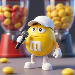 a single yellow m & m candy with white arms and legs holding a microphone, a yellow sphere wearing a white baseball cap, eminem as a m & m candy, m & m candy dispenser, unreal engine, unreal engine, volumetric lighting, professional food photography