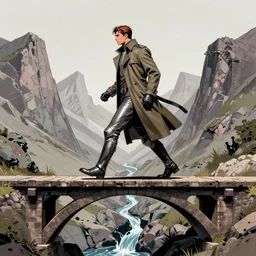 comic book art of a [ man ] in trenchcoat in armour crossing a [ old bridge ] above a [ crevasse ] [ mountain in the background ] made of crystalized glowing rock, a [ glowing temple ] extends into the sky, low angle, artstation illustration, elegant, arcane by tim doyle