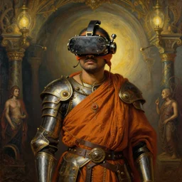 srilankan buddhist monk blindfolded with high - teh vr steampunk headset armour baroque style, painting by gaston bussiere, craig mullins, j. c. leyendecker, lights, art by ernst haeckel, john william godward, hammershøi,