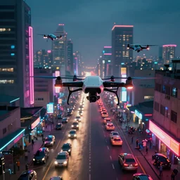 3 d vfx art of flying drones above - a neon lit - bustling lagos urban street - in nigeria, cinestill 8 0 0 t photograph, illustration in the style by james jean, unreal engine render, digital illustration, sharp, intricate detail, volumetric light, ray tracing, soft light, colourful, phillipe bouchet art mike winkelmann surreal environment, first person view,