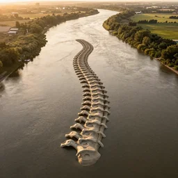 wide!! landscape photo of river that follows the distinct shape of a human spine!!, drone photo, golden hour, lush green vegetation