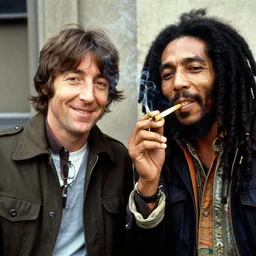 happy young john lennon smoking a joint with bob Marley, photograph by Willy Spiller, 1970s