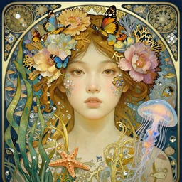 hyperrealistic detailed portrait of a young asian girl with ivory golden face, with flowers, butterflies, corals, sea kelp, sea plants, fish, starfish, jellyfish, diamonds, filaments, golden filigree, neon lights, art by ernst haeckel, john william godward, hammershøi, alphons mucha, pontormo, ornamental, decorative, art nouveau wallpaper, lights by hopper, pastel deep colours,