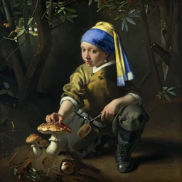 an oil painting of a mushroom forager in an ancient woodland by ohnannes vermeer