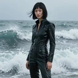 latent space, rolling crashing waves, youthful asian blade runner demure, 3 5 mm, realistic exquisite features, feminine cut, pris mascara, 2 0 4 9's frontiers in flight leather suit, smoke, grain, misty, stephane sednaoui, id magazine photoshoot
