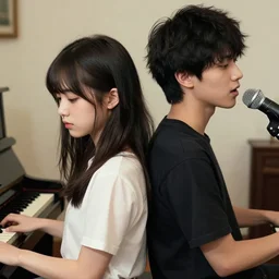 cute girl with her boyfriend, shy emotion. back to back. the boy is playing piano and the girl is singing | very very anime!!!, fine - face, audrey plaza, realistic shaded perfect face, fine details. anime. very strong realistic shaded lighting poster by ilya kuvshinov katsuhiro otomo ghost, magali villeneuve, artgerm, jeremy lipkin and michael garmash and rob rey