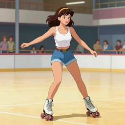 a beautiful woman in 1980\'s fashion and roller skates on her feet, rollerblading, skating rink background, 4k, anime key visual, lois van baarle, ilya kuvshinov, rossdraws, artstation