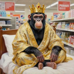 oil painting of an ape with a golden crown and robes sat on a bed in A Bed bath and beyond store, incredibly detailed, insanely detailed, award winning art