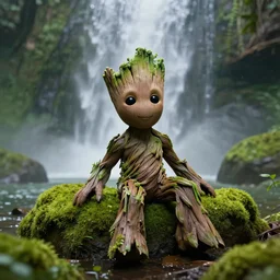 photorealistic wide shot focus portrait of Groot relaxed posing, under waterfall, jungle, green moss, bokeh, octane render, unreal engine 4k, volumetric lighting, mist, detailed