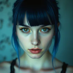 photograph of a young woman, 9 0 s goth, dyed hair, dof, sharp focus, highly detailed face, symmetric face, realistic iris, cinestill 8 0 0 t, photography by paolo roversi