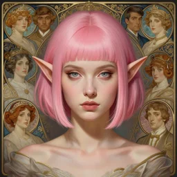 portrait of a half elf woman with pink layered bob haircut, intricate, elegant, highly detailed, digital painting, artstation, concept art, smooth, sharp focus, illustration, art by artgerm and greg rutkowski and alphonse mucha and uang guangjian and gil elvgren and sachin teng and wlop, symmetry