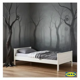 IKEA catalogue photo of a teenager bedroom, model trees, earthy floor, haunted, decay, dark and misty, twisted, spirals, by Beksiński