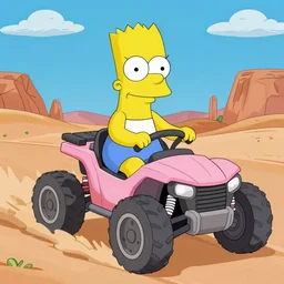 Lisa Simpson riding Fury Road War Rig vehicle through the desert, borderlands 4k render