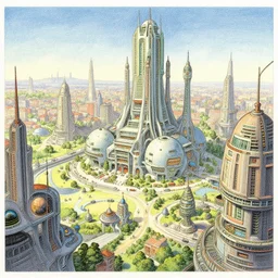 a beautiful illustration of a retro futuristic city by Hieronymus Bosch | Graphic Novel, Visual Novel, Colored Pencil, Comic Book