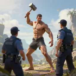 gandi hit with hammer a policeman, detailed body, realistic body proportions, unreal engine, by popular digital artist, digital, artstation, detailed body, heavenly atmosphere, digital art, overdetailed art, trending on artstation, cgstudio, the most beautiful image ever created, dramatic, award winning artwork, beautiful scenery