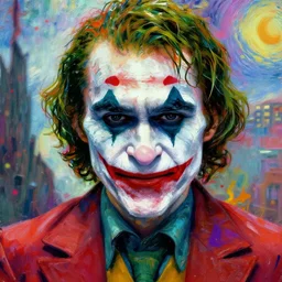 abstract portrait of the joker in gears of war, city in the background, the joker 2 0 1 9, studio lightning, beautiful face and eyes, rule of thirds, face symmetry, colourful spray paint splatters, expressive, fine art, by vincent van gogh, 4 k, 8 k, correct body proportion