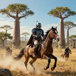 mandalorian riding a horse, madagascar with baobabs trees in the background, action scene, an epic fantasy, artgerm and greg rutkowski and alphonse mucha, an epic fantasy, volumetric light, detailed, establishing shot, an epic fantasy, cinematic, photorealistic, ultrarealistic, trending on art station, octane render, midsommar
