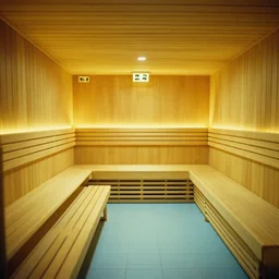 60s movie still of an empty sauna corridor fade yellow light and light blue tiles floor in the backrooms, exit signs with random arrows everywhere, cinestill 800t 50mm eastmancolor, liminal Space style, heavy grain