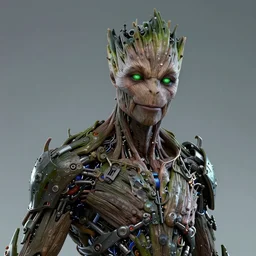 human goth groot ; glowing green eyes ; adult male 3 0 years ; sharp facial features ; slender ; vampire ; wearing high tech armour ; robot ; trending on artstation ; high detail ; digital art