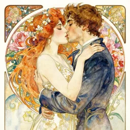a beautiful watercolor painting of a man kissing a woman, flowers, reflexions, verry high details, colorfull, by william turner art, by greg rutkowski, by alphonse mucha, by james jean, by rossdraws, by frank franzzeta, by sakimichan, trending on artstation, very very detailed, masterpiece,