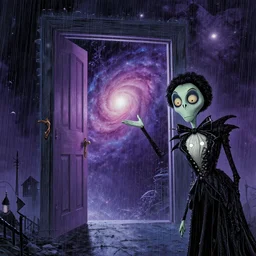 comic book art in the style of bob ross and tim burton, trending on artstation, rain, beautiful, matte painting, galaxy, traveling through time, epic adventure, cinematic composition, realistic, portal, door to another dimension