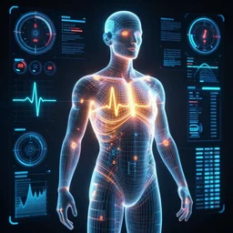 human performance, wireframe body, glowing vector, biosensors,, electrocardiograph, temperature, eye tracking, detailed, octane render, global illumination, future science, gauges and dials, graphs