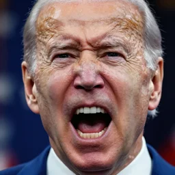 joe biden is angry. extreme extreme closeup closeup portrait of joe biden opening his mouth and screaming angrily and hungrily
