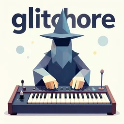 glitchore, low poly'' wizard of analog synthesizer'' cover art
