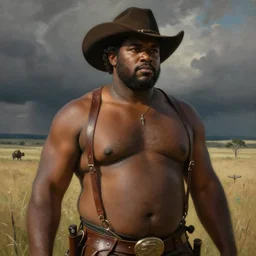 a beautiful dramatic epic painting of a thicc black man | he is shirtless and wearing a cowboy hat and leather straps | prairie setting | homoerotic, highly detailed, dramatic lighting | by Mark Maggiori, by William Herbert Dunton, by Charles Marion Russell | trending on artstation