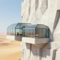 minecraft, lateral view, habitat 7 6 glass house built on the side of a vertical cliff, brutalist architecture, desert, digital painting, white concrete, green lush garden, sandstone, highly detailed, smooth, sharp focus, 3 d rendering, octane, unreal engine, moebius, digital, maya, award winning, trending on artstation