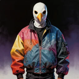 illustration of model in plastic bird mask wearing baggy colorful 9 0 s rick owens jacket by frank frazetta. movie poster.