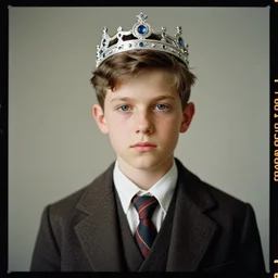 kodak portra 4 0 0, 8 k, highly detailed, britt marling style 3 / 4 photographic close, medium format, press award winning portrait of a handsome boy with a silver crown, up face with 1 9 1 0 s hairstyle, 1 9 1 0 s clothing style, asymmetrical, hasselblad x 1 d - 5 0 c, 1 0 0 mm f 1. 8, soft light