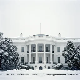 The White House in a blizzard with massive piles of snow above the roof, color 35mm film