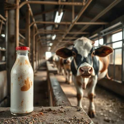 dirty bottle of milk and a cow inside slaughterhouse