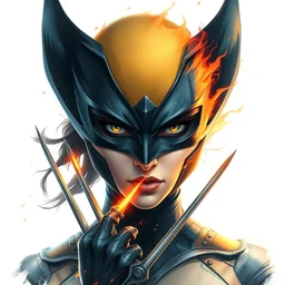female wolverine, detailed perfect face, exquisite details, fire magic, mid view, design on a white background, by studio muti, greg rutkowski makoto shinkai takashi takeuchi studio ghibli