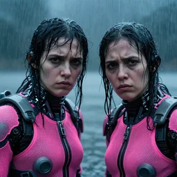 cinestill 5 0 d candid photographic portrait by helen levitt of two grumpy looking cyborgs wearing rugged neon pink mesh techwear in treacherous waters, extreme closeup, modern cyberpunk moody depressing cinematic, pouring rain, 8 k, hd, high resolution, 3 5 mm, f / 3 2, ultra realistic faces, ex machina