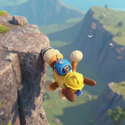 paw patrol construction dog, as nendoroid hanging on the edge of a cliff, top down view, rescue, jagged sharp rocks, mountains, birds eye view, in the croods movie style, anime, disney, pixar, 8 k, hd, kodak film, volumetric lighting, subsurface scattering, photorealistic, octane render, details, xgen fur