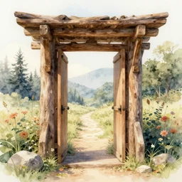 watercolor wooden portal paradise, ultra detailed, photorealistic, octane render, high definition, fine details, ethereal tones, 8 k