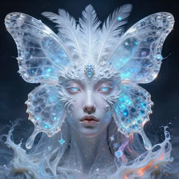 3 d goddess butterfly face portrait, face in the center, beautiful transculent intricate highly detailed quetzalcoatl feathers, bioluminescent, ice, galaxy, plasma, lava, milk, artwork by tooth wu and artgerm and vincent di fate and wlop, 8 k trending on artstation, volumetric lighting