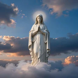 very faint virgin mary statue in form of white cloud blue sky with dramatic sunset clouds