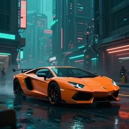 insanely moody cinematic render of a lamborghini on cyberpunk city, teal and orange colors, vaporwave, photorealism, cinema still, photography, octane 3 d, vray render, insane details, 8 k high definition, artstation
