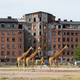giraffes roaming in center of helsinki, urban, photo, hyper realistic, buildings decay