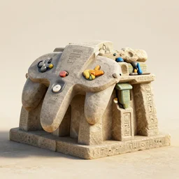 a 3 d render of nintendo 6 4 made of stone in the ancient egyptian style, with ancient egyptian hieroglyphs, 3 d render, unreal engine 5, very realistic, 4 k textures, wide shot, full view