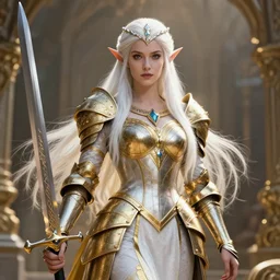 queen elf with white diamond headband and armor in golden and silver colors and a curve long sword, full body, white long hair, detailed face, epic masterpiece of cinematographic hyperrealism, realistic shaded lighting poster by craig mallismo, artgerm, jeremy lipkin and michael garmash, unreal engine, radiant light, detailed and intricate environment, digital art, art station trends